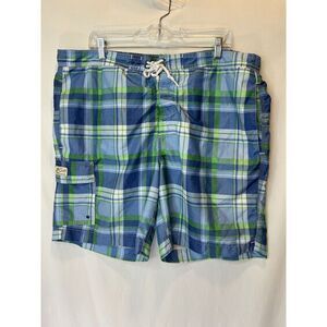 Chaps Men's Swim Trucks Board Shorts Size XXL  Mesh Lined Blue White Green Plaid